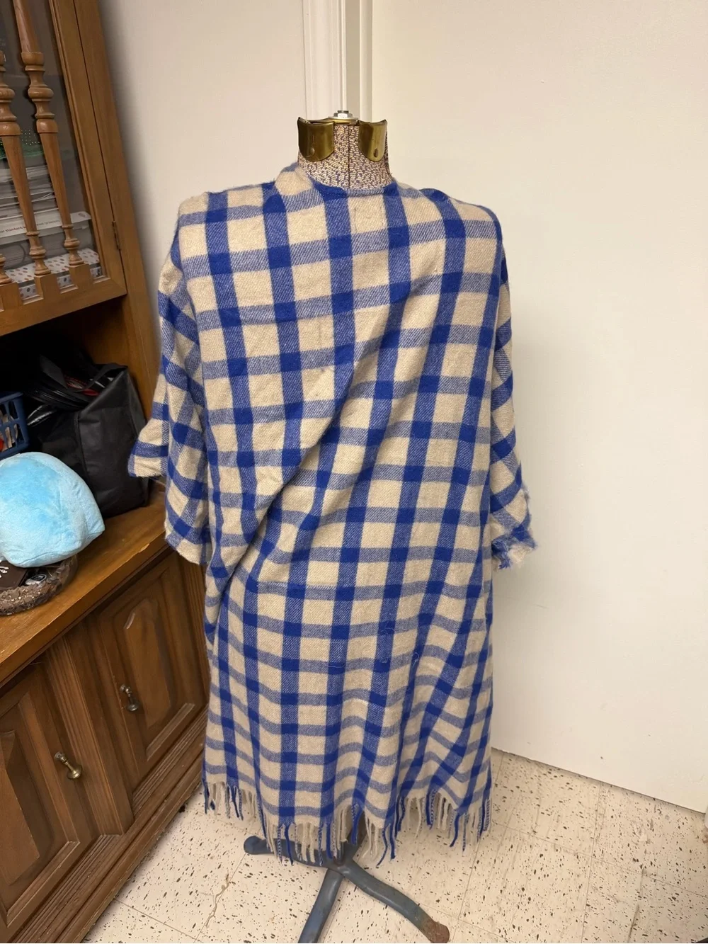 A New Day Blue Cream Buffalo Plaid Ruana Poncho Wrap Shawl One Size Fringe